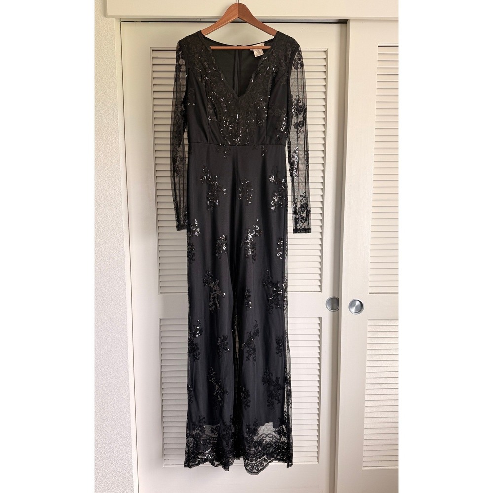 Altar'd State Black Sequin Embroidered Mesh‎ Wide Leg Jumpsuit  L Tall